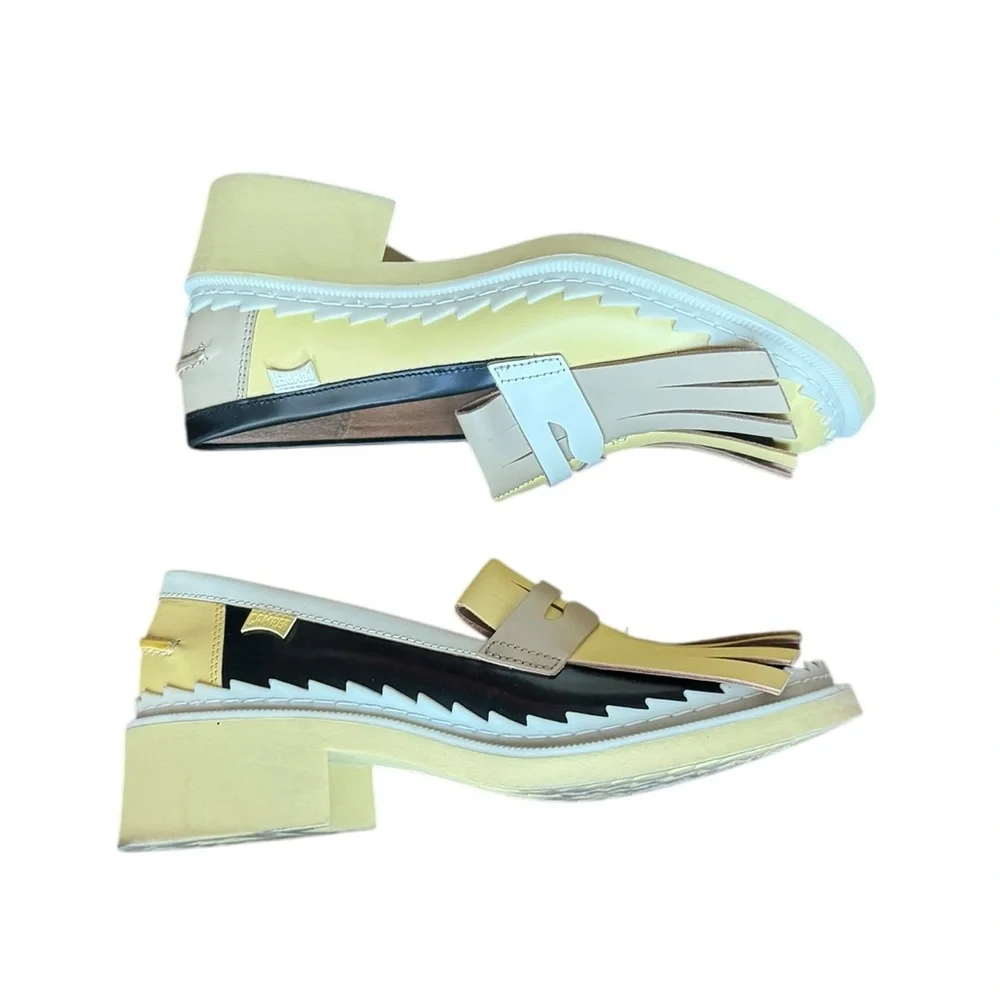Camper Two-Tone Yellow, Black & Cream Kiltie Loafers - Picture 4 of 15